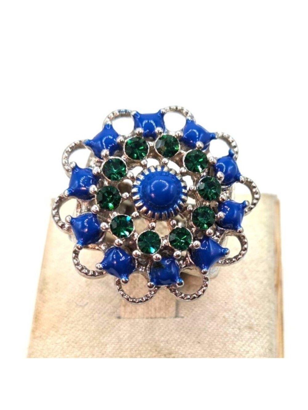 Adjustable Silver Tone Ring With Blue & Green Rhinestones